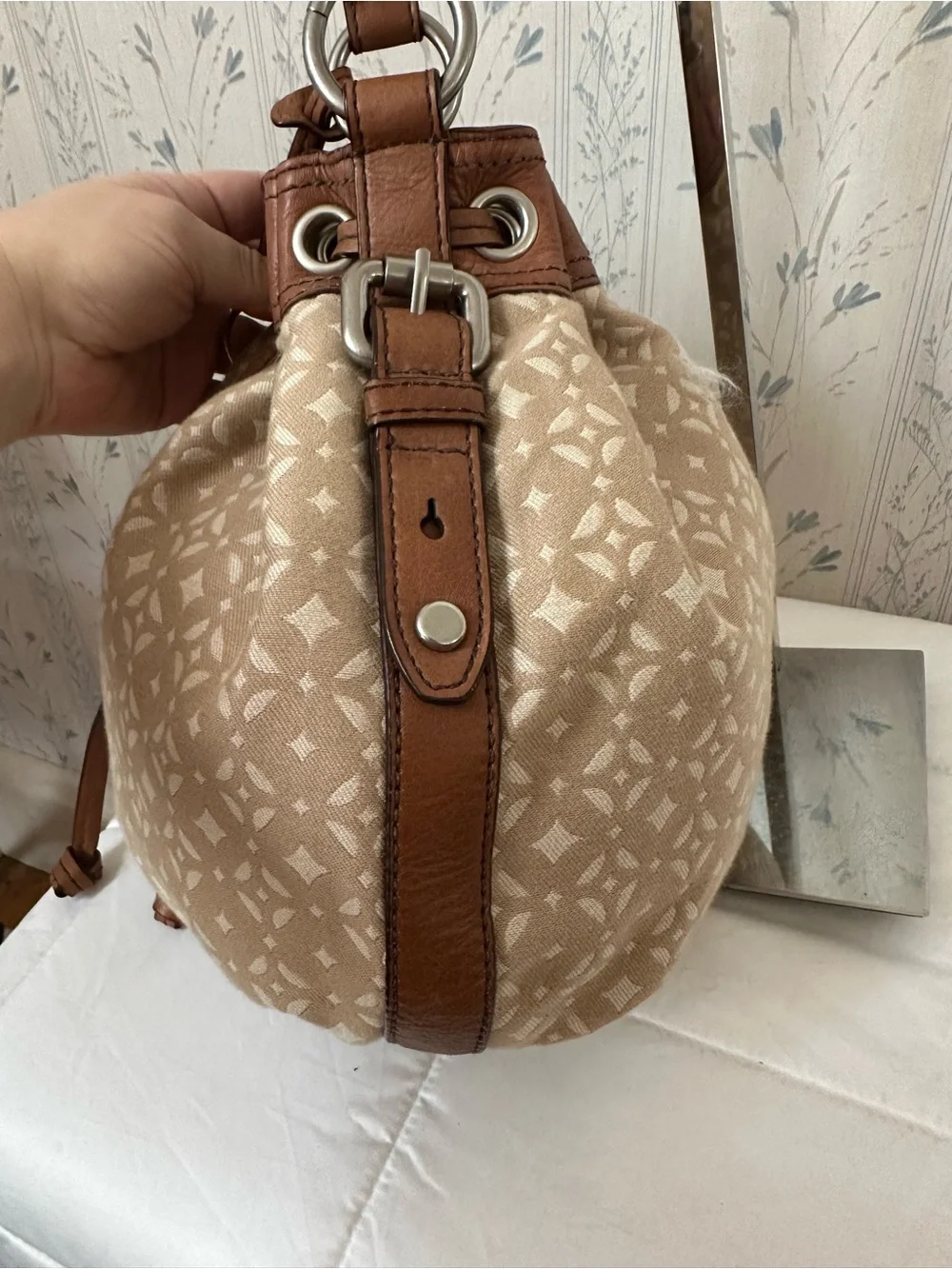 Fossil Beige Patterned Drawstring Bucket Bag with Brown Trim - Picture 7 of 16